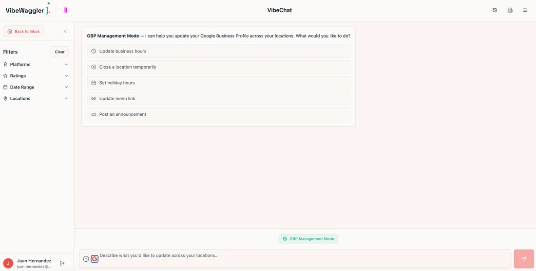 VibeWaggler Front Desk Google Business Profile management screenshot