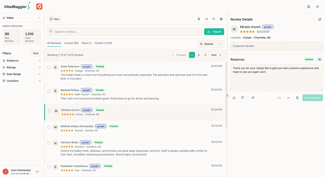 VibeWaggler unified review inbox screenshot